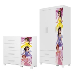 Guarda Roupa Infantil 3 Portas 2 Gavetas e Comoda 4 Gavetas 1 Porta MDF Livia Princesas Decmade
