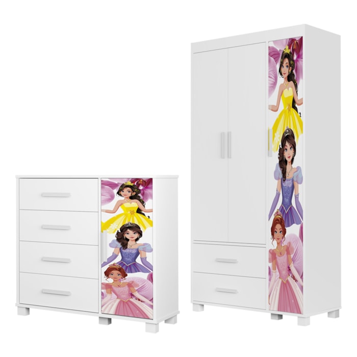 Guarda Roupa Infantil 3 Portas 2 Gavetas e Comoda 4 Gavetas 1 Porta MDF Livia Princesas Decmade