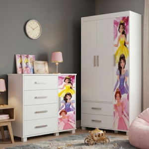 Guarda Roupa Infantil 3 Portas 2 Gavetas e Comoda 4 Gavetas 1 Porta MDF Livia Princesas Decmade
