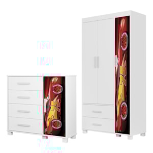 Guarda Roupa Infantil 3 Portas 2 Gavetas e Comoda 4 Gavetas 1 Porta MDF Livia Vermelho Decmade