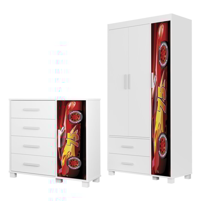 Guarda Roupa Infantil 3 Portas 2 Gavetas e Comoda 4 Gavetas 1 Porta MDF Livia Vermelho Decmade