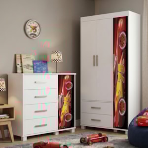 Guarda Roupa Infantil 3 Portas 2 Gavetas e Comoda 4 Gavetas 1 Porta MDF Livia Vermelho Decmade