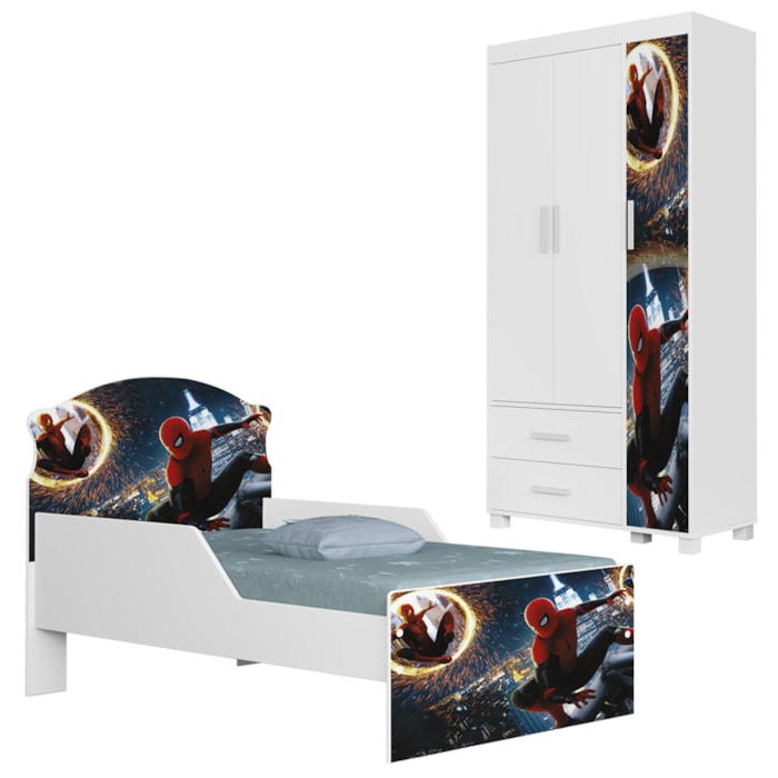 Guarda Roupa Infantil 3 Portas 2 Gavetas e Mini Cama Infantil 153x79 MDF Livia Aranha Decmade