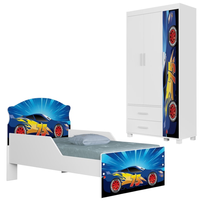 Guarda Roupa Infantil 3 Portas 2 Gavetas e Mini Cama Infantil 153x79 MDF Livia Azul Decmade