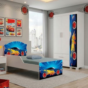 Guarda Roupa Infantil 3 Portas 2 Gavetas e Mini Cama Infantil 153x79 MDF Livia Azul Decmade