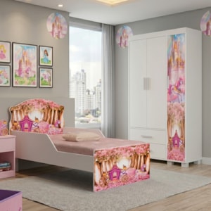 Guarda Roupa Infantil 3 Portas 2 Gavetas e Mini Cama Infantil 153x79 MDF Livia Carruagem Decmade