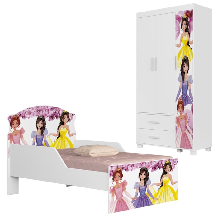 Guarda Roupa Infantil 3 Portas 2 Gavetas e Mini Cama Infantil 153x79 MDF Livia Princesas Decmade