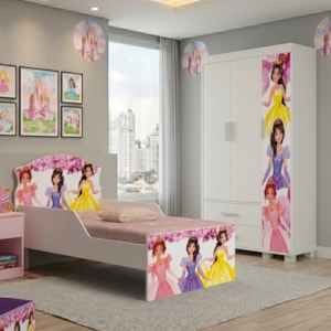 Guarda Roupa Infantil 3 Portas 2 Gavetas e Mini Cama Infantil 153x79 MDF Livia Princesas Decmade