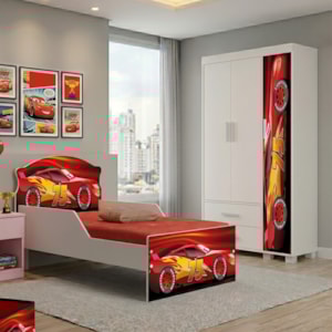 Guarda Roupa Infantil 3 Portas 2 Gavetas e Mini Cama Infantil 153x79 MDF Livia Vermelho Decmade