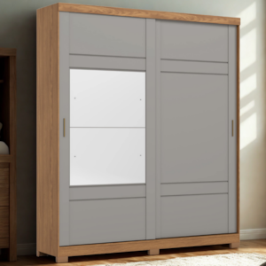 Guarda Roupa Solteiro 2 Portas Com Espelho 200 cm Verg Nature Cinza HENN
