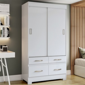 Guarda Roupa Solteiro 2 Portas Deslizantes 4 Gavetas 110 cm BE25 Branco Briz