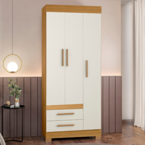 Guarda Roupa Solteiro 3 Portas 2 Gavetas 80 cm New Recife Freijo Off Acetinado POLIMAN