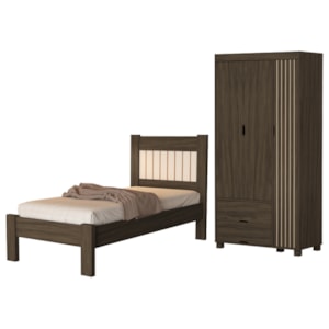 Guarda Roupa Solteiro 3 Portas 2 Gavetas e Cama de Solteiro MDF Bela Chocolate Off Decmade