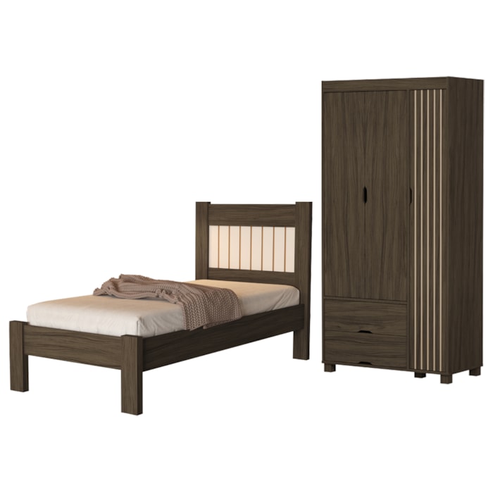 Guarda Roupa Solteiro 3 Portas 2 Gavetas e Cama de Solteiro MDF Bela Chocolate Off Decmade
