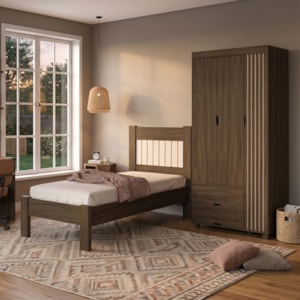 Guarda Roupa Solteiro 3 Portas 2 Gavetas e Cama de Solteiro MDF Bela Chocolate Off Decmade