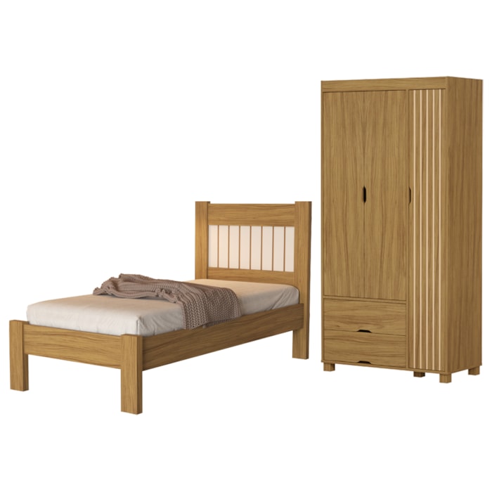 Guarda Roupa Solteiro 3 Portas 2 Gavetas e Cama de Solteiro MDF Bela Nature Off Decmade