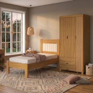 Guarda Roupa Solteiro 3 Portas 2 Gavetas e Cama de Solteiro MDF Bela Nature Off Decmade