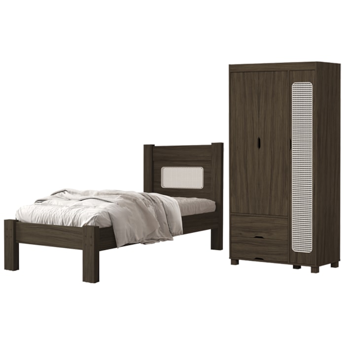 Guarda Roupa Solteiro 3 Portas 2 Gavetas e Cama de Solteiro MDF Clara Chocolate Decmade