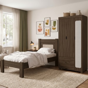 Guarda Roupa Solteiro 3 Portas 2 Gavetas e Cama de Solteiro MDF Clara Chocolate Decmade