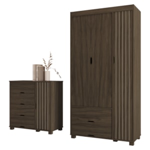 Guarda Roupa Solteiro 3 Portas Comoda 4 Gavetas MDF Bela Chocolate Off Decmade