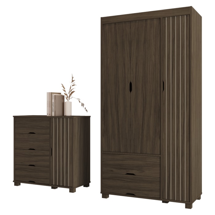 Guarda Roupa Solteiro 3 Portas Comoda 4 Gavetas MDF Bela Chocolate Off Decmade