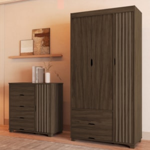 Guarda Roupa Solteiro 3 Portas Comoda 4 Gavetas MDF Bela Chocolate Off Decmade