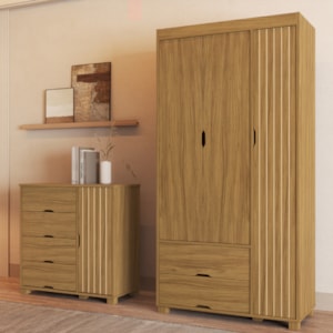 Guarda Roupa Solteiro 3 Portas Comoda 4 Gavetas MDF Bela Nature Off Decmade