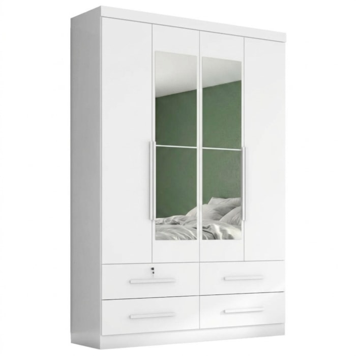 Guarda Roupa Solteiro 4 Portas Com Espelho Mari 154X231 cm Branco Absoluto ZANZ