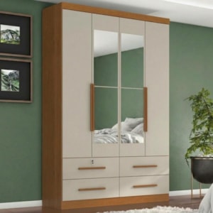 Guarda Roupa Solteiro 4 Portas Com Espelho Mari 154X231 cm Cinamomo Areia ZANZ