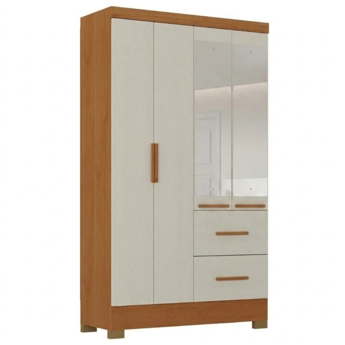 Guarda Roupa Solteiro 4 Portas Com Espelho Primor 121X209 cm Cinamomo Areia ZANZ
