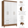 Guarda Roupa Solteiro Chile 4P 103 cm Naturale Branco Moval