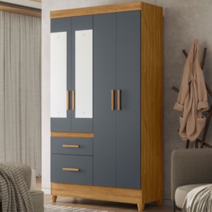 Guarda Roupa Solteiro Madri 4P Espelho 110 cm Freijo Cinza Moval