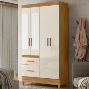 Guarda Roupa Solteiro Madri 4P Espelho 110 cm Freijo Off White Moval