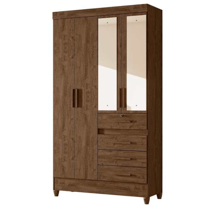 Guarda Roupa Solteiro Sobral 4P Espelho 110 cm Castanho Wood Moval
