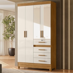 Guarda Roupa Solteiro Sobral 4P Espelho 110 cm Freijo Off White Moval