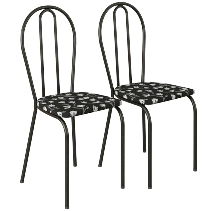 Kit 02 Cadeiras Tubular America 004 Cromo Preto Assento Preto Flor ARTEF