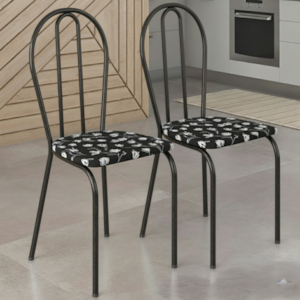 Kit 02 Cadeiras Tubular America 004 Cromo Preto Assento Preto Flor ARTEF