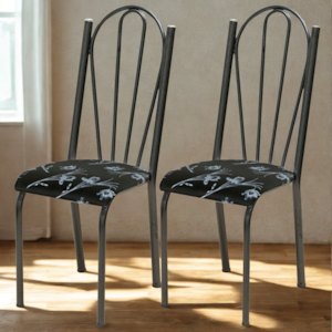 Kit 02 Cadeiras Tubular America 021 Cromo Preto Assento Preto Flor ARTEF