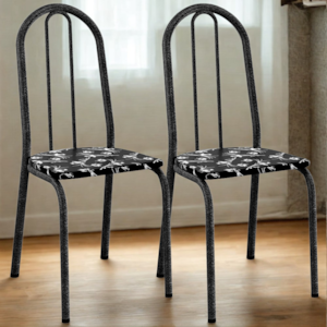 Kit 02 Cadeiras Tubular America 050 Cromo Preto Assento Preto Flor ARTEF