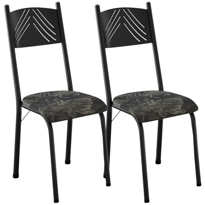 Kit 02 Cadeiras Tubular America 051 Preto Assento Floral Dourado ARTEF