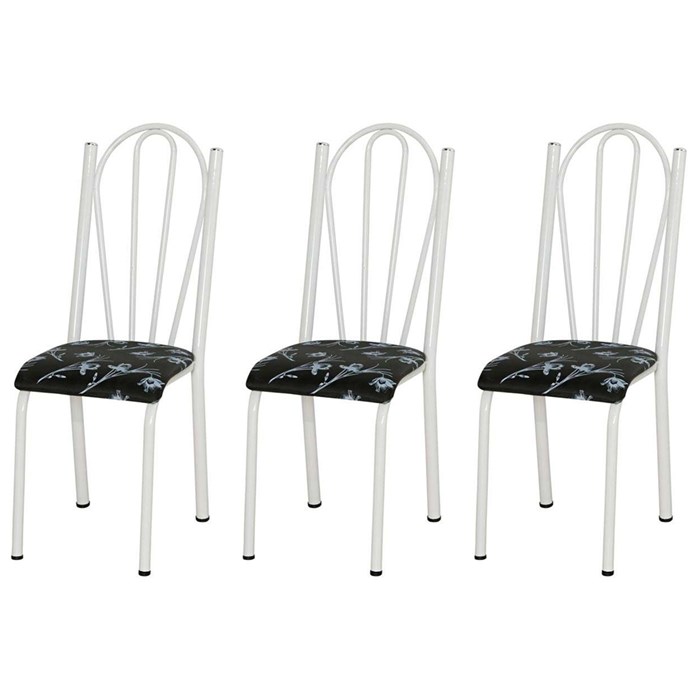 Kit 03 Cadeiras Tubular Branca 021 Assento Preto Florido