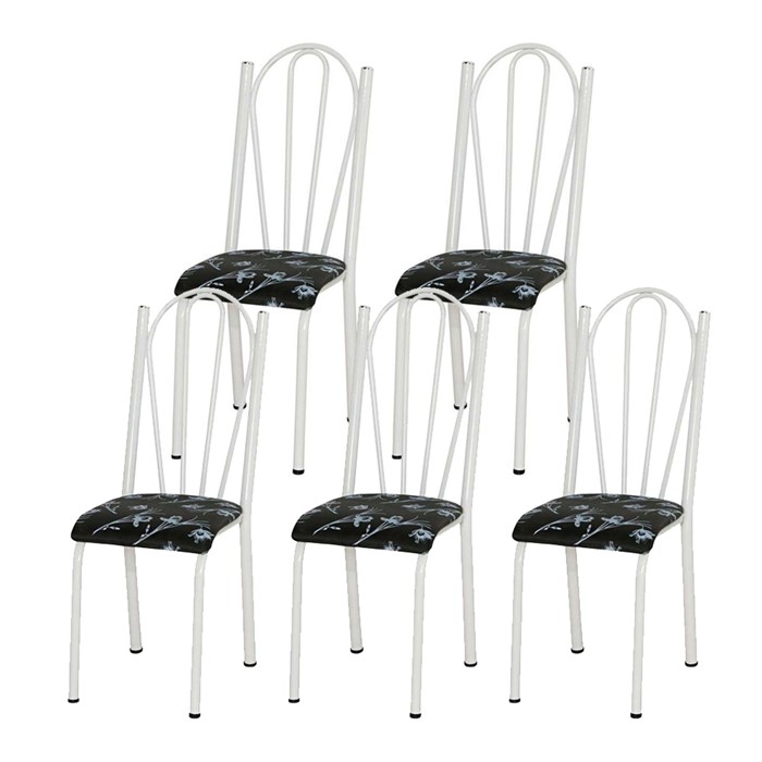 Kit 05 Cadeiras Tubular Branca 021 Assento Preto Florido