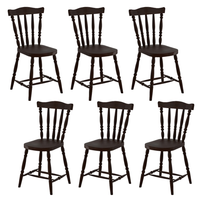 Kit 06 Cadeiras Madeira Macica Pés Torneados 250EA Castanho Acetinado Marjori