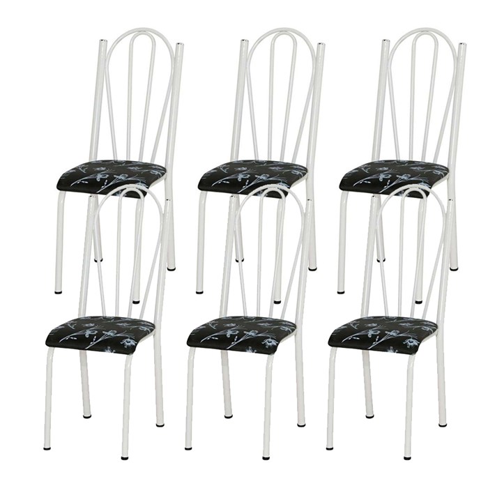 Kit 06 Cadeiras Tubular Branca 021 Assento Preto Florido