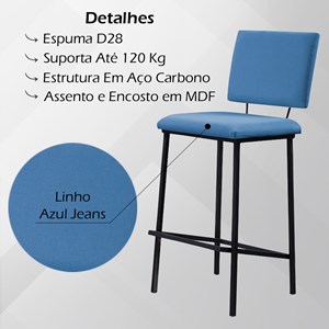 Kit 2 Banquetas Alta Base Em Aço Preto F109 Linho Azul Jeans Dmobiliario