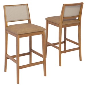 KIT 2 Banquetas Alta Com Encosto Buriti Madeira Maciça Tauari Corino Kaki NATUEM