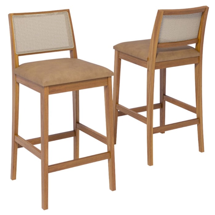 KIT 2 Banquetas Alta Com Encosto Buriti Madeira Maciça Tauari Corino Kaki NATUEM