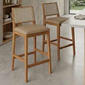 KIT 2 Banquetas Alta Com Encosto Buriti Madeira Maciça Tauari Corino Kaki NATUEM