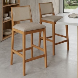 KIT 2 Banquetas Alta Com Encosto Buriti Madeira Maciça Tauari Linho Bege NATUEM