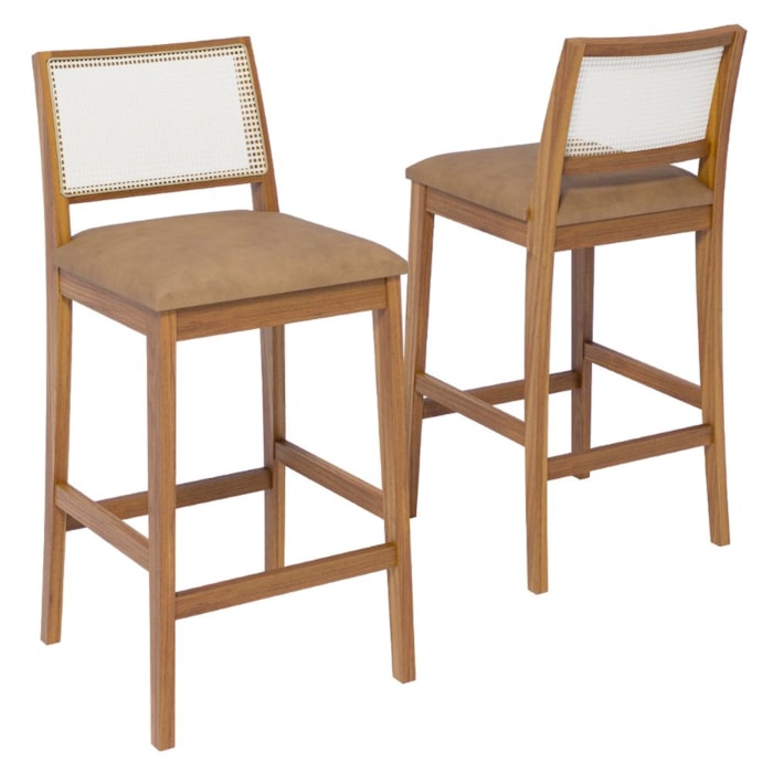 KIT 2 Banquetas Alta Com Encosto Marcela Madeira Maciça Tauari Corino Kaki NATUEM